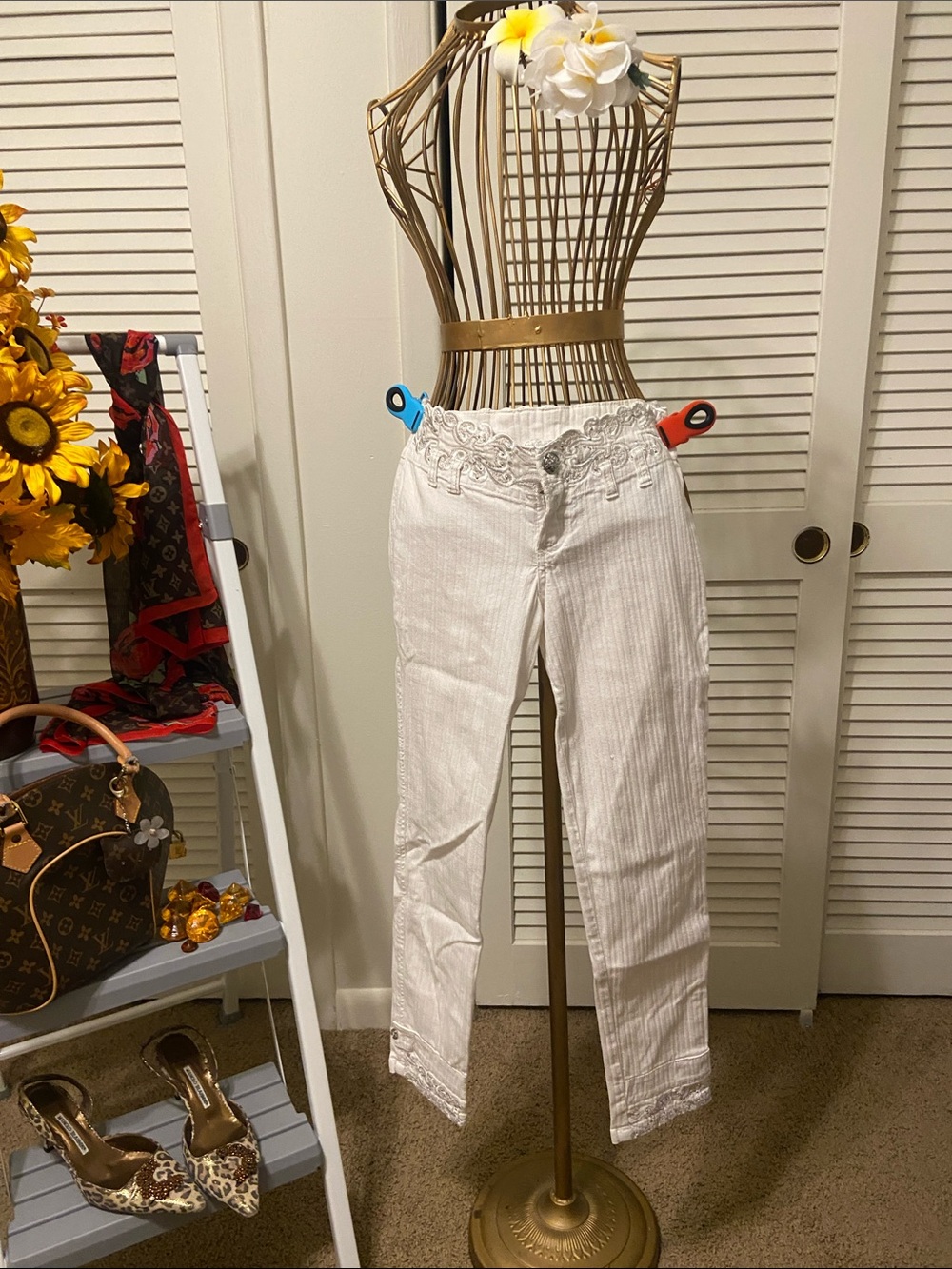 White Women’s Lace-Trim Straight Leg Jeans